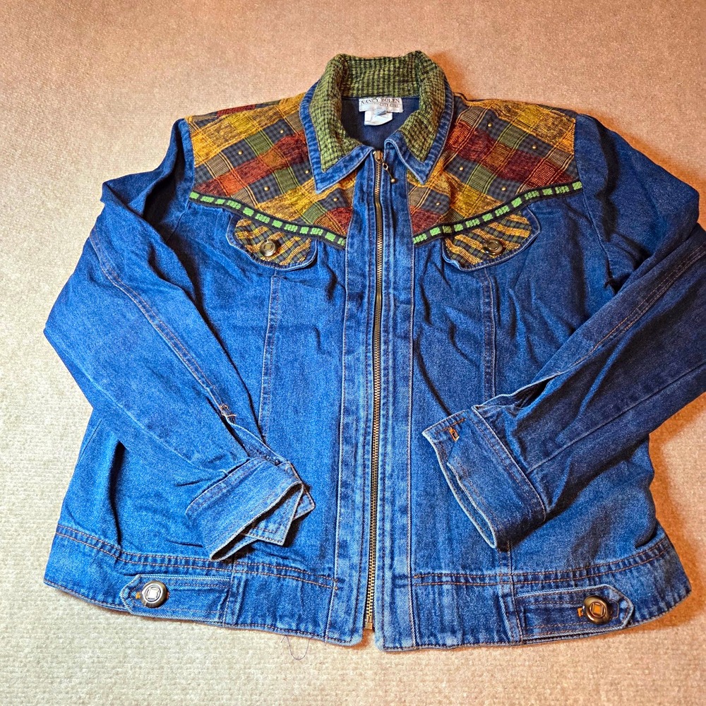 Nancy Bolen City Girl Vintage Denim Jacket Plaid Tapestry Studded Zip USA Size 8